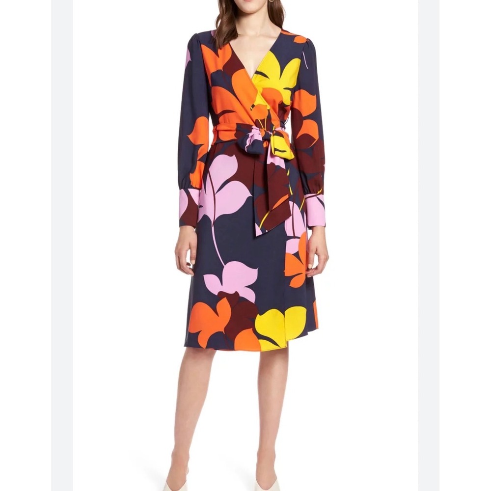 Halogen Faux Wrap Dress Womens XS Navy Purple Floral Long Sleeve Fall Wedding